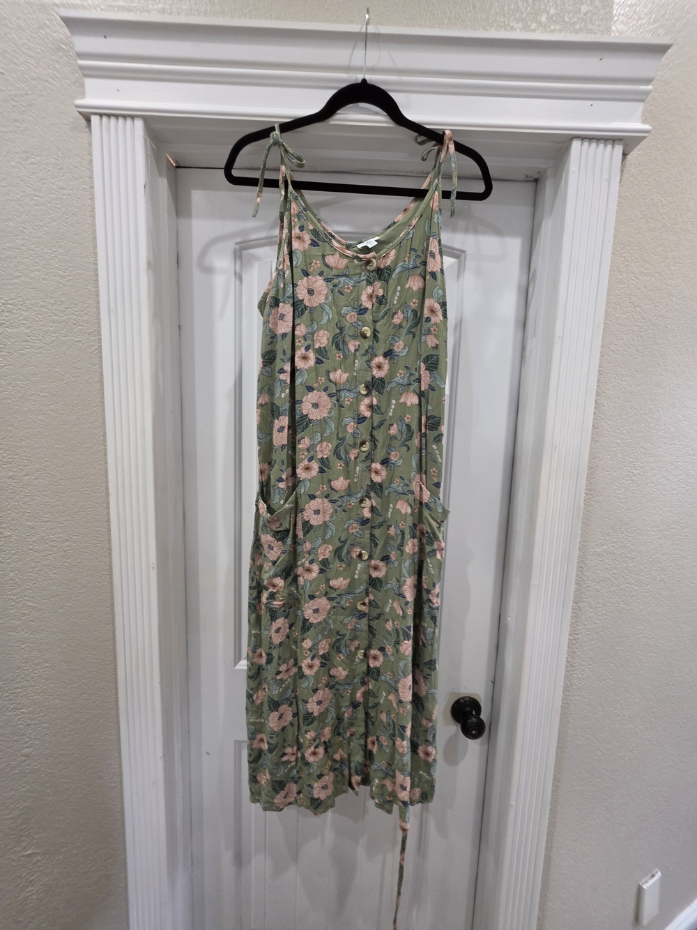 Dip Olive Green Floral Button-Front Midi Dress Tie Straps Size M